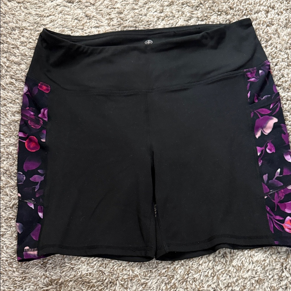 GAIAM Black Bike Shorts with Purple Floral Side Panels